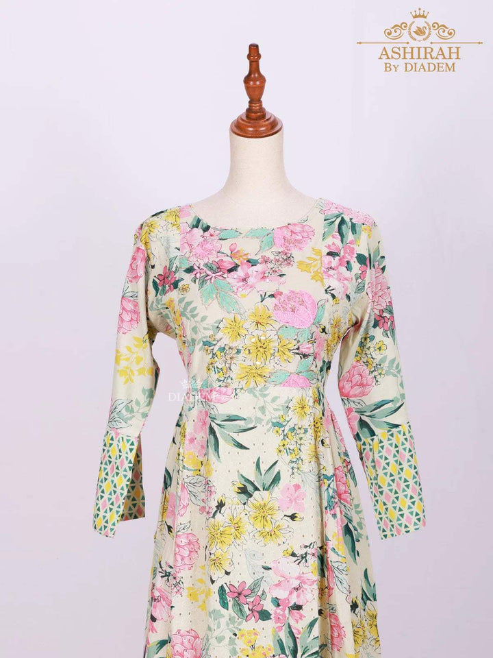 Multicolor Long Kurti Adorned with Floral Prints and Thread work - Diadem