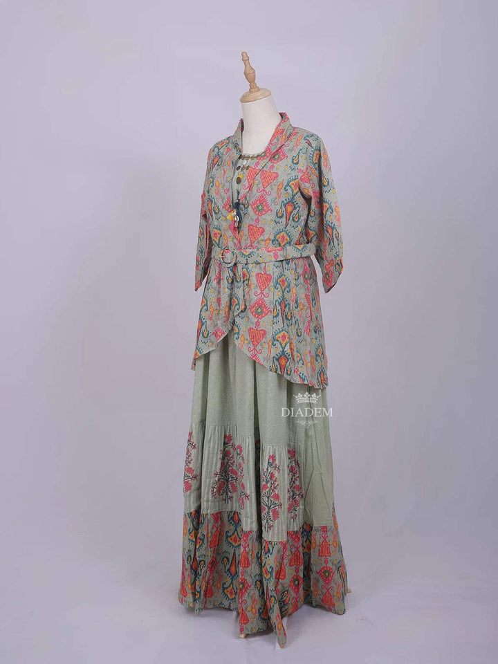 Olive Green Cotton Long Kurti Top Set with Flower Design Prints paired with Overcoat - Diadem