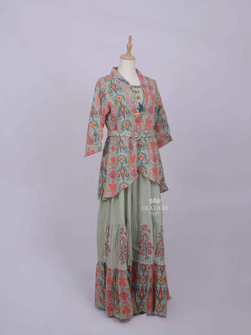 Olive Green Cotton Long Kurti Top Set with Flower Design Prints paired with Overcoat - Diadem