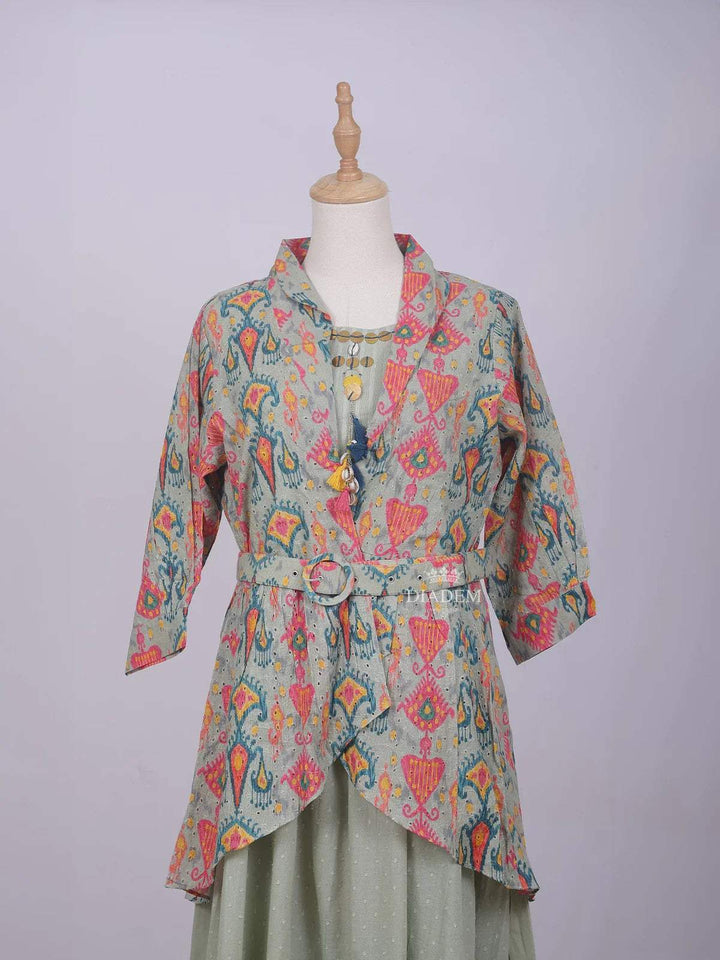Olive Green Cotton Long Kurti Top Set with Flower Design Prints paired with Overcoat - Diadem