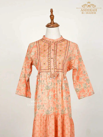 Light Peach Kurti Adorned with Floral Prints - Diadem