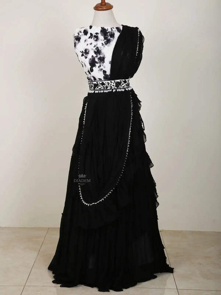 Black Indo Western Lehenga with Wrinkle Crepe Floral Prints - Diadem