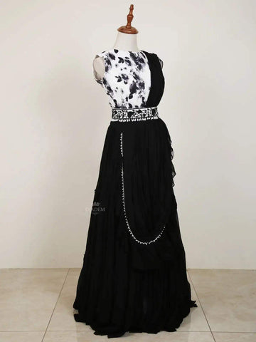 Black Indo Western Lehenga with Wrinkle Crepe Floral Prints - Diadem