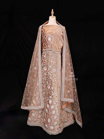 Brown Semi Stitched Lehenga Adorned with Sequins and Beads Floral Design With Dupatta - Diadem