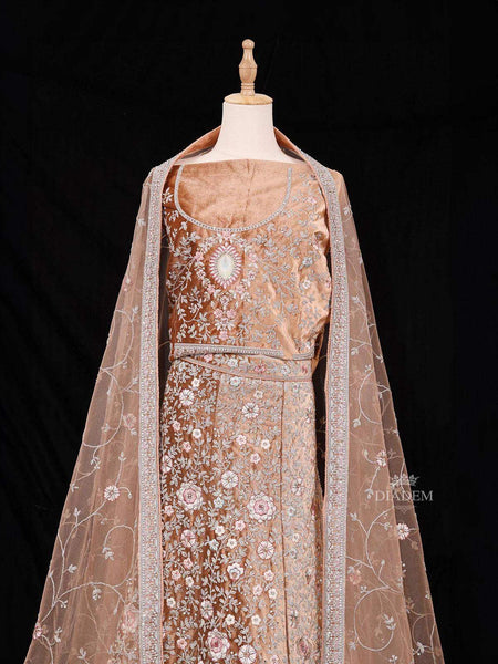 Brown Semi Stitched Lehenga Adorned with Sequins and Beads Floral Design With Dupatta - Diadem