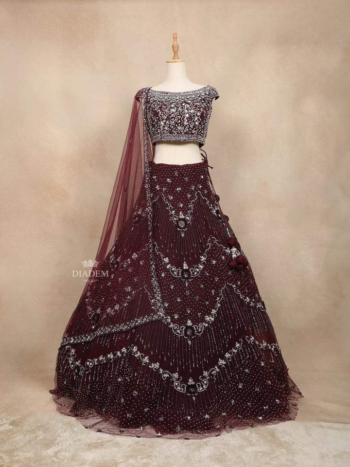 Maroon Net Bridal Lehenga Embellished with Sequins Stones - Diadem