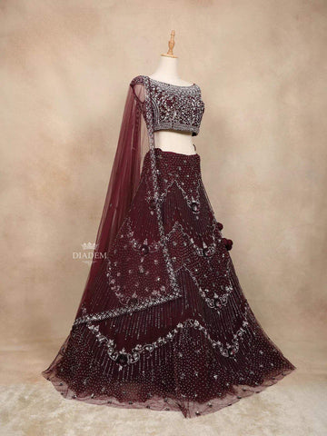 Maroon Net Bridal Lehenga Embellished with Sequins Stones - Diadem