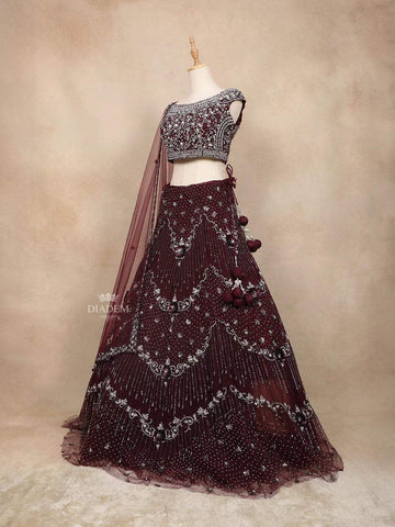 Maroon Net Bridal Lehenga Embellished with Sequins Stones - Diadem