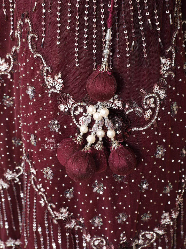 Maroon Net Bridal Lehenga Embellished with Sequins Stones - Diadem