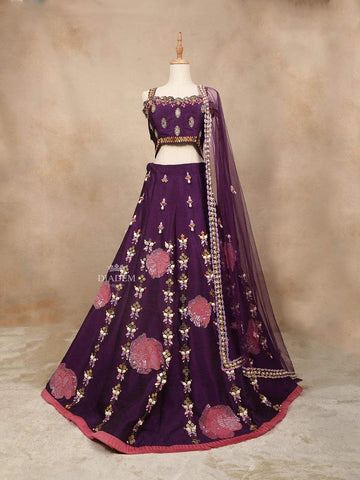 Dark Purple Silk Floral Embroidered Mirrorwork Bridal Lehenga - Diadem