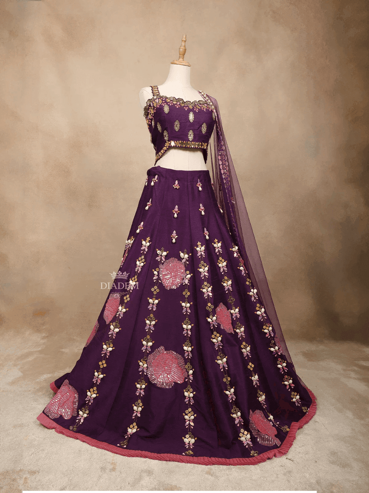 Dark Purple Silk Floral Embroidered Mirrorwork Bridal Lehenga - Diadem