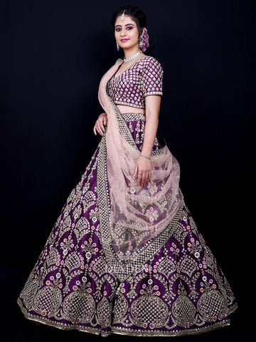 Dark Purple Bridal Lehenga with Floral Embroidery - Diadem