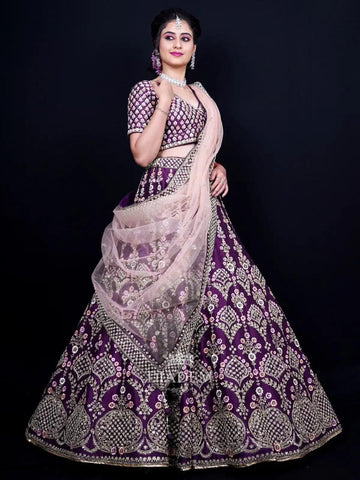 Dark Purple Bridal Lehenga with Floral Embroidery - Diadem