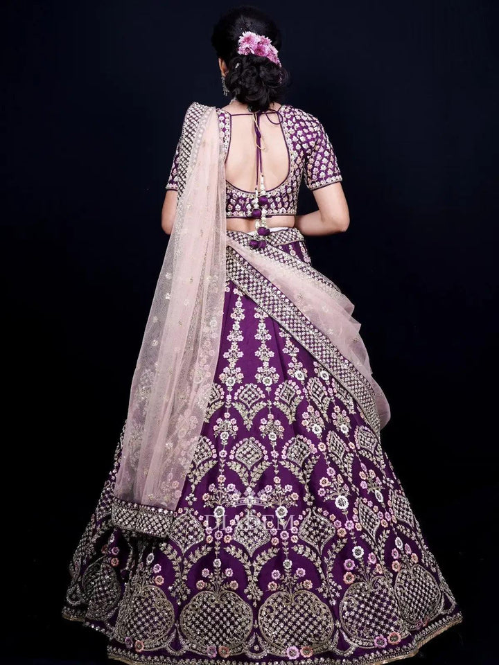 Dark Purple Bridal Lehenga with Floral Embroidery - Diadem