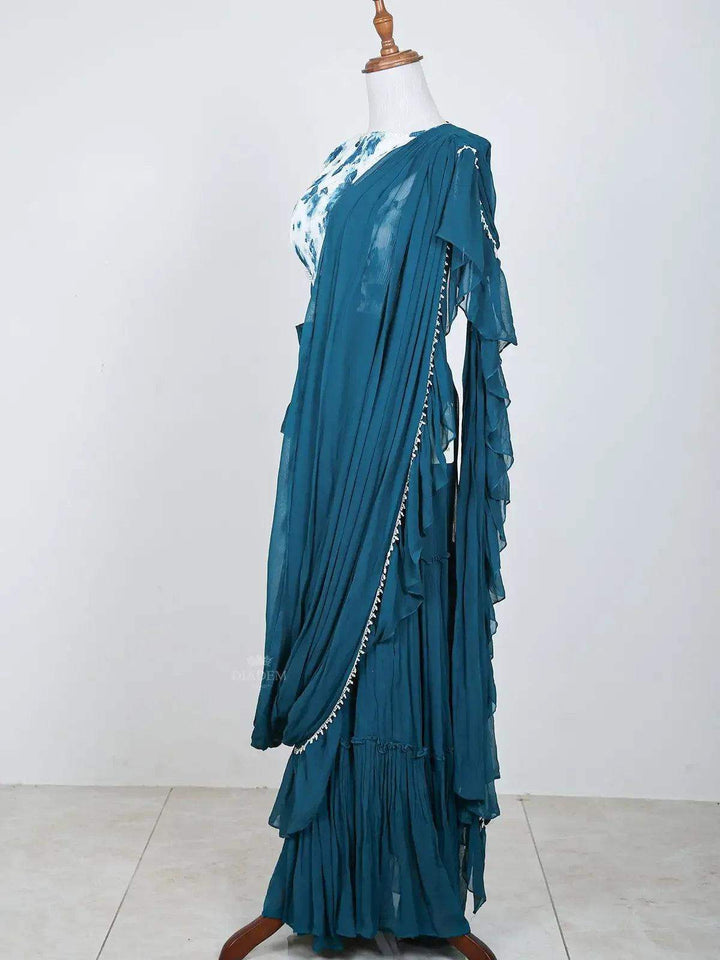 Teal Blue Indo Western Lehenga Adorned in Wrinkle Crepe Floral Prints - Diadem