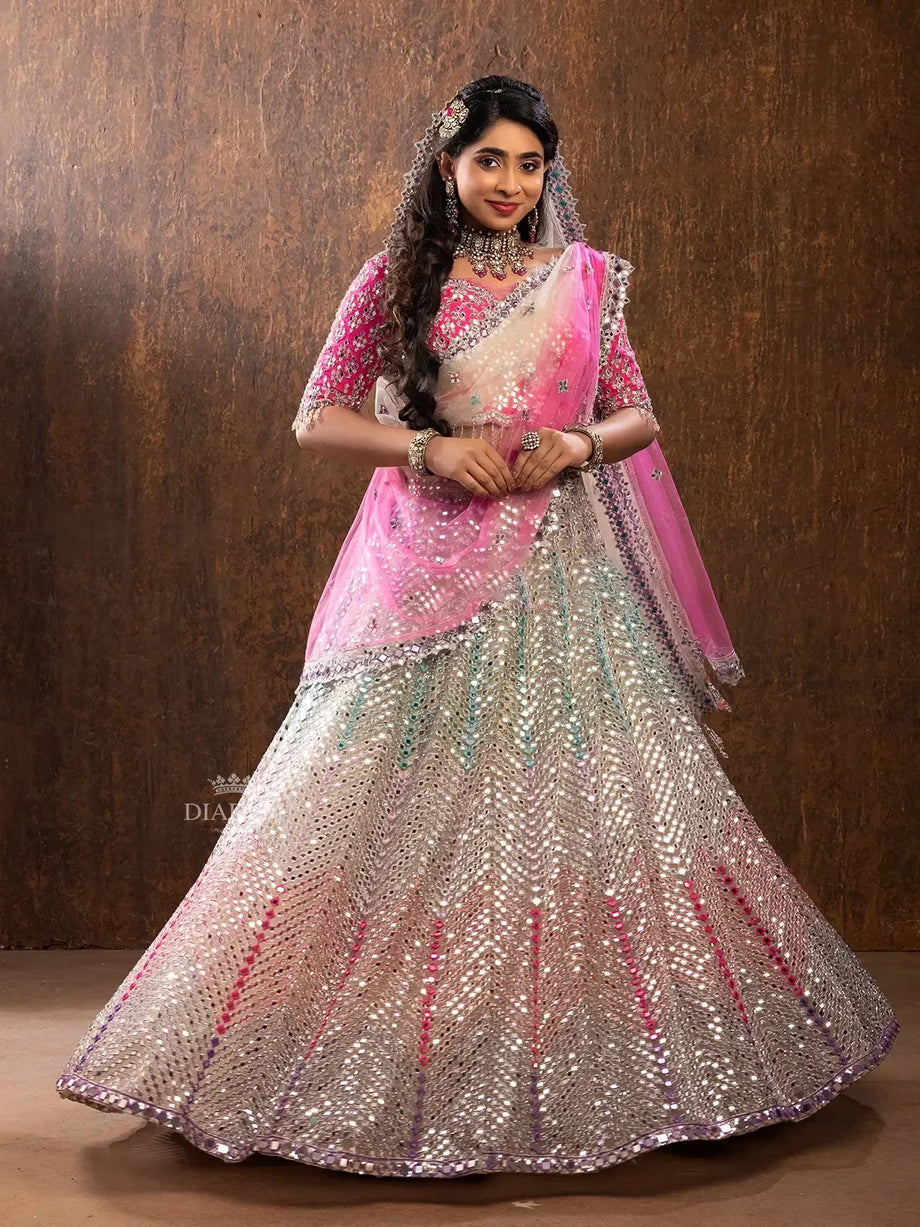 Pink Bridal Lehenga Net Lehenga Mirror Work Bead Embellishments Embroidery Dupatta