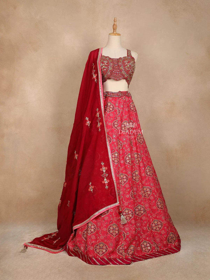 Rose Pink Banarasi Wedding Bridal Lehenga with Thread Beads Floral Design - Diadem