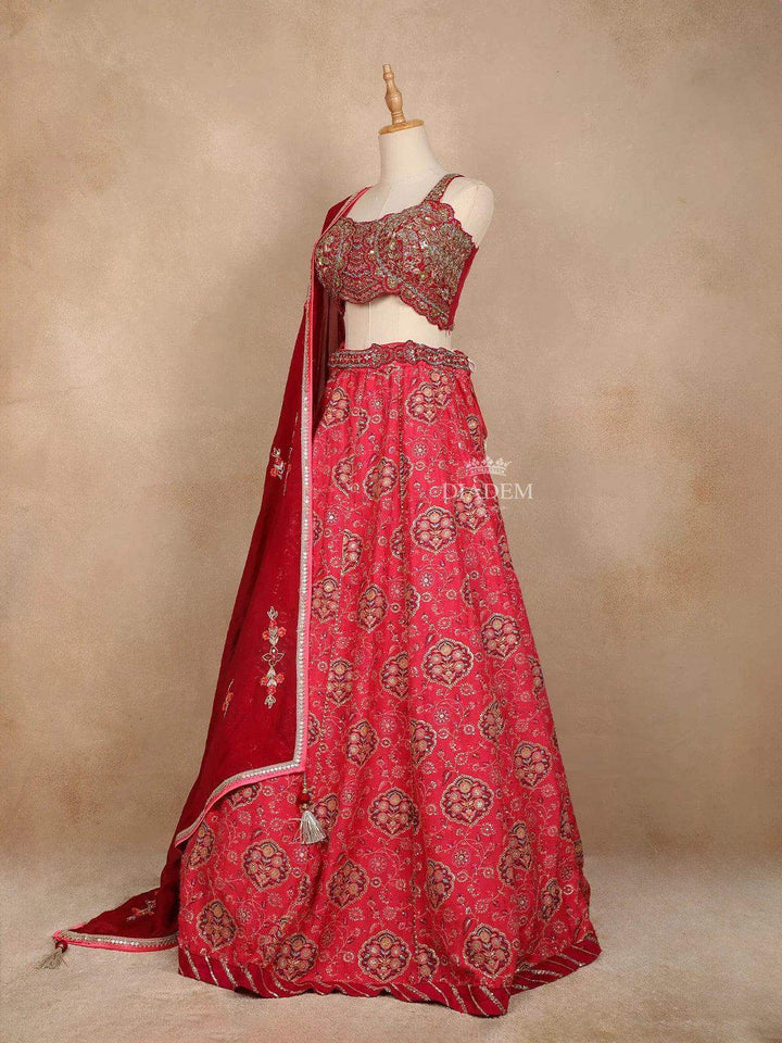 Rose Pink Banarasi Wedding Bridal Lehenga with Thread Beads Floral Design - Diadem