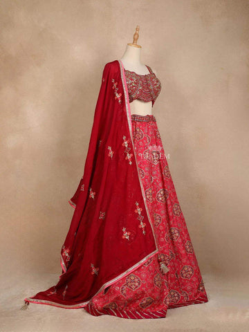 Rose Pink Banarasi Wedding Bridal Lehenga with Thread Beads Floral Design - Diadem