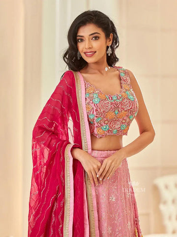 Pink Bridal Lehenga with Flower Resham Embroidery - Diadem