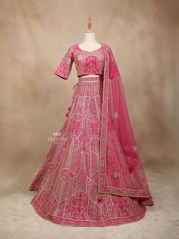 Queen Pink Silk Floral Embroidered Mirrorwork Bridal Lehenga - Diadem