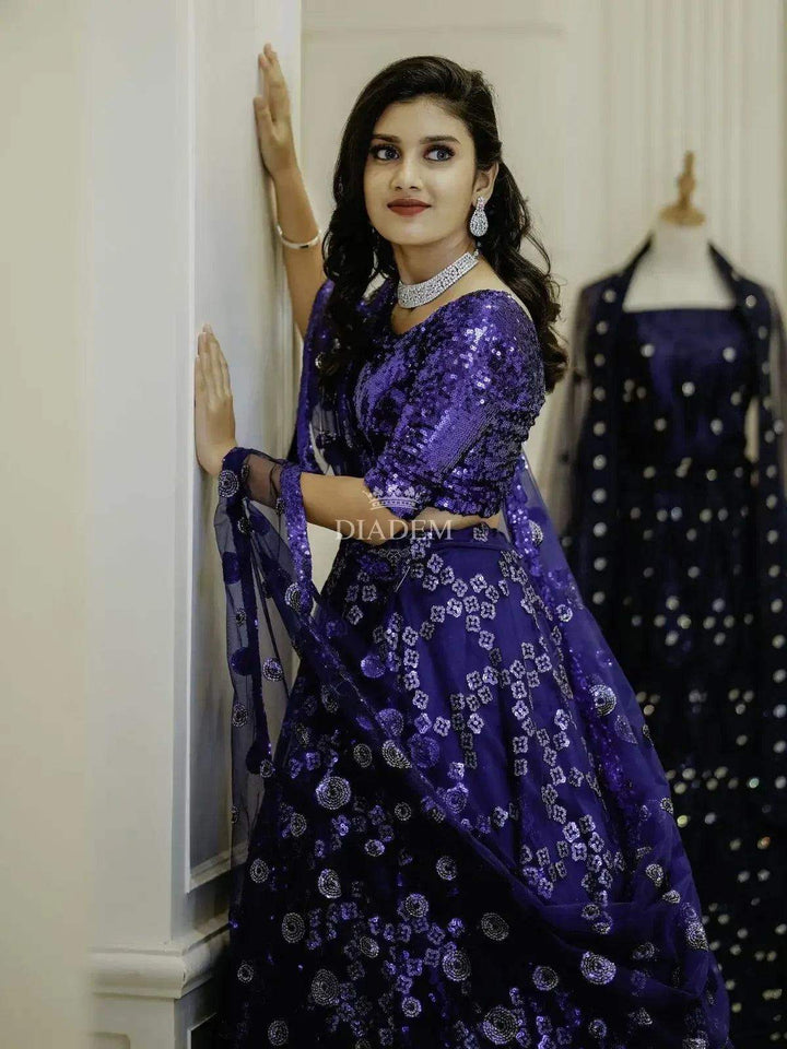 Navy Blue Lehenga Enhanced in Sequins with Dupatta - Diadem