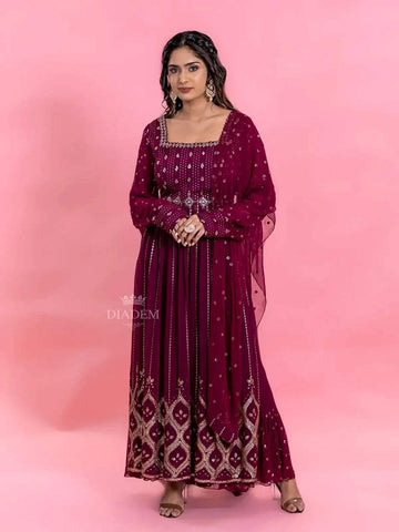 Wine Palazzo Salwar Suit for Women with Sequins Embellished Kurta along with Dupatta - Diadem