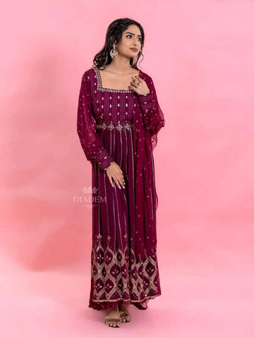 Wine Palazzo Salwar Suit for Women with Sequins Embellished Kurta along with Dupatta - Diadem