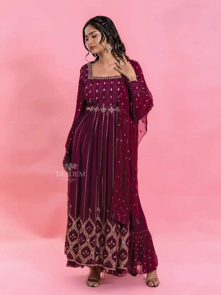 Wine Palazzo Salwar Suit for Women with Sequins Embellished Kurta along with Dupatta - Diadem