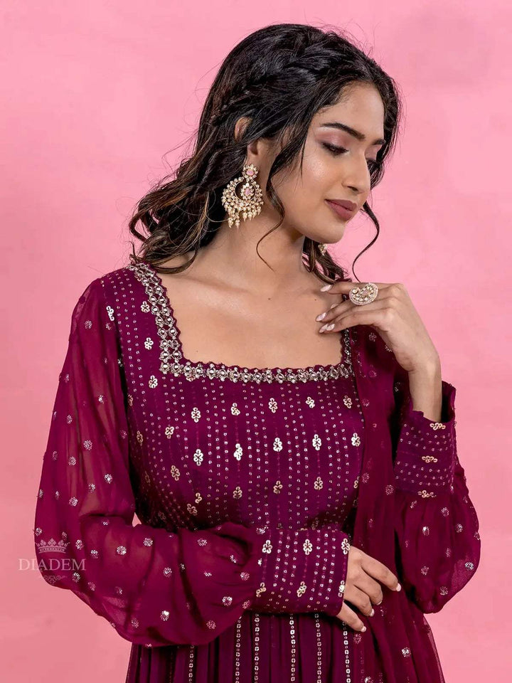 Wine Palazzo Salwar Suit for Women with Sequins Embellished Kurta along with Dupatta - Diadem