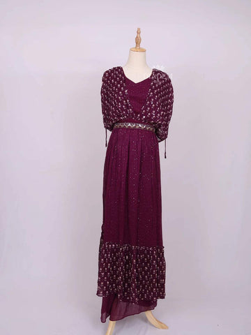 Dark Purple Plazzo Salwar Suit Adorned with Sequins and Mirror work with Waist Belt - Diadem