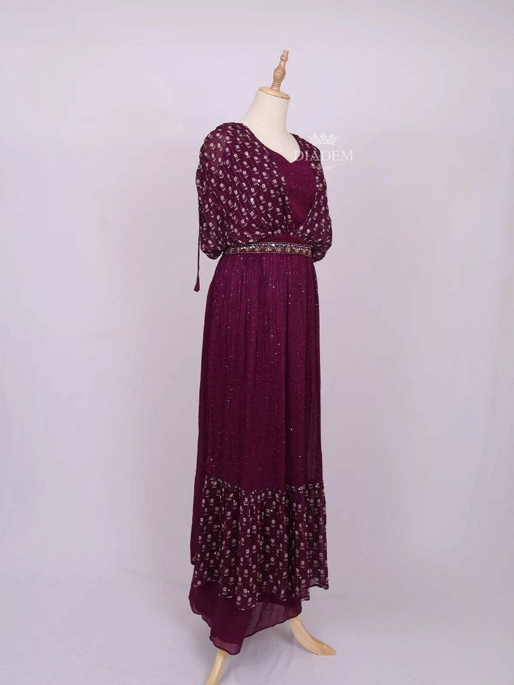 Dark Purple Plazzo Salwar Suit Adorned with Sequins and Mirror work with Waist Belt - Diadem