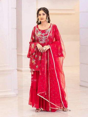 Red Pink Georgette Sharara Suit with Floral Print and Sequins Embellished Crop Top along with Dupatta - Diadem