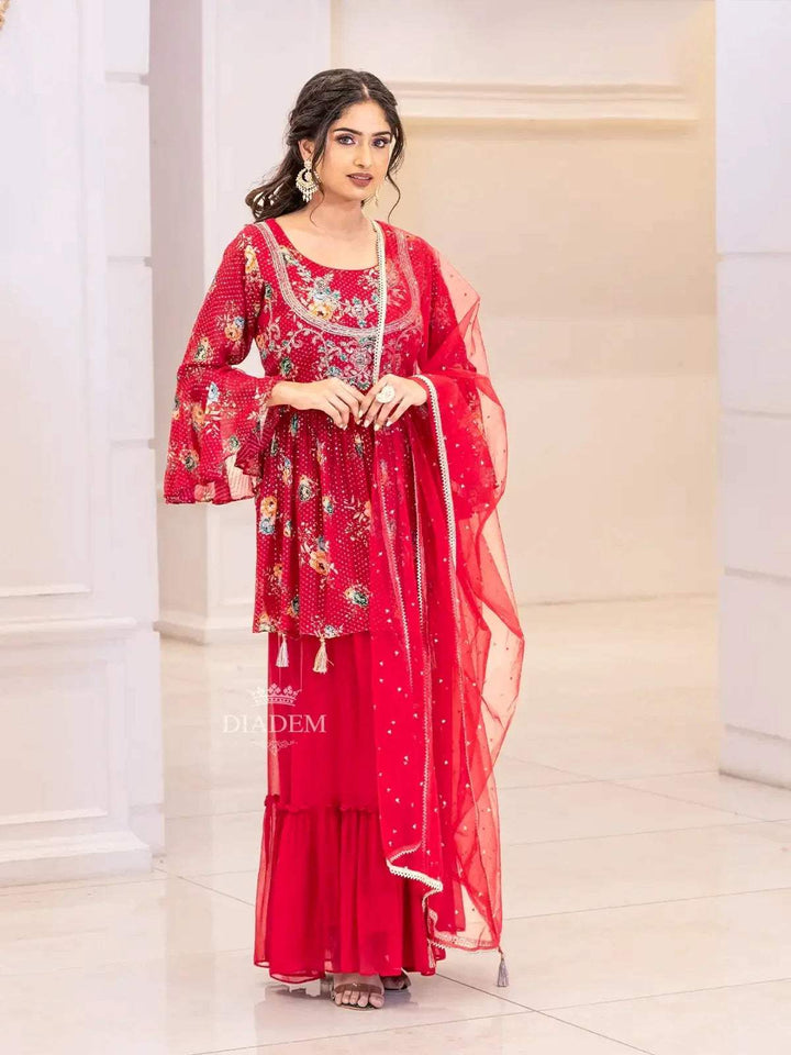 Red Pink Georgette Sharara Suit with Floral Print and Sequins Embellished Crop Top along with Dupatta - Diadem