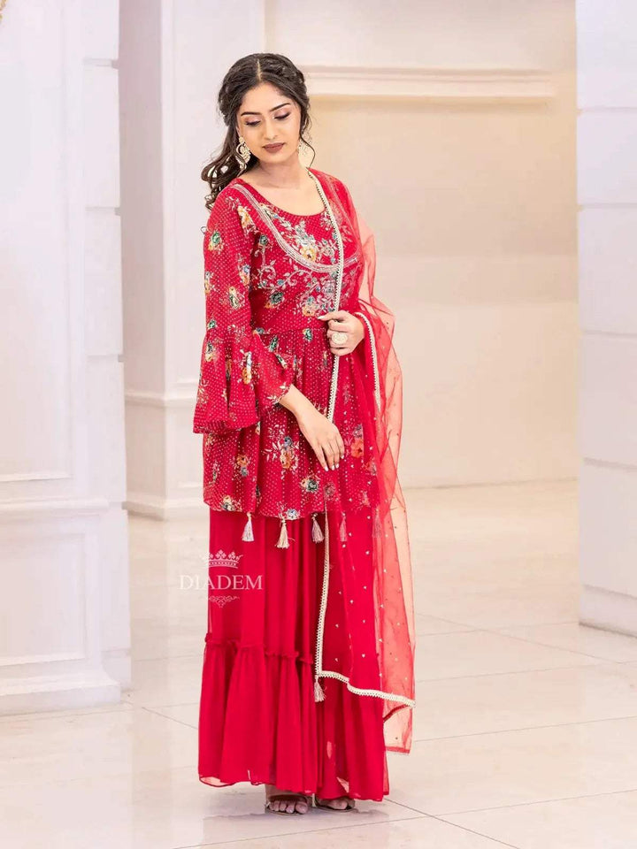 Red Pink Georgette Sharara Suit with Floral Print and Sequins Embellished Crop Top along with Dupatta - Diadem