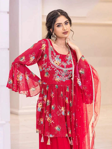 Red Pink Georgette Sharara Suit with Floral Print and Sequins Embellished Crop Top along with Dupatta - Diadem