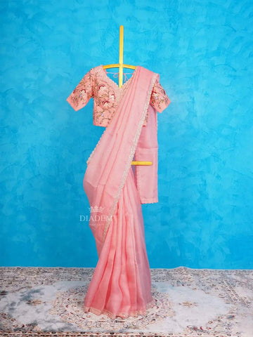 Pink Organza Silk Saree Embellished with Sequins and Beads Border and Designer Blouse - Diadem