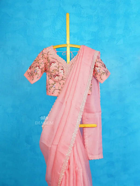 Pink Organza Silk Saree Embellished with Sequins and Beads Border and Designer Blouse - Diadem