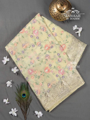 Light Yellow Organza Silk Saree embellished with Floral Thread and Zari Embroideries - Diadem