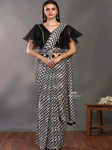 Black White Organza Silk Saree with all over Designs - Diadem