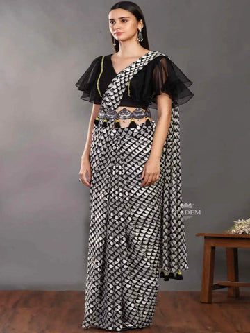 Black White Organza Silk Saree with all over Designs - Diadem