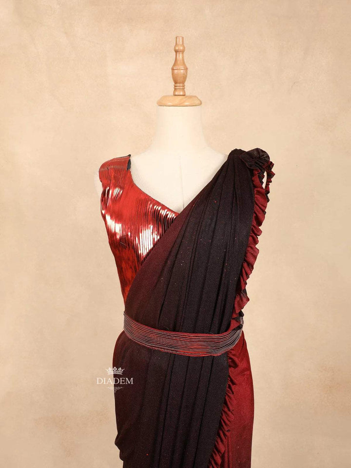 Dark Red Chiffon Ready to Wear Saree with Plain Body Paired with Designer Blouse and Waist Belt - Diadem