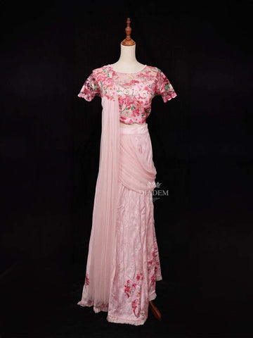 Light Pink Chiffon Ready to Wear Saree with Floral Prints on the Body Paired with Designer Blouse - Diadem