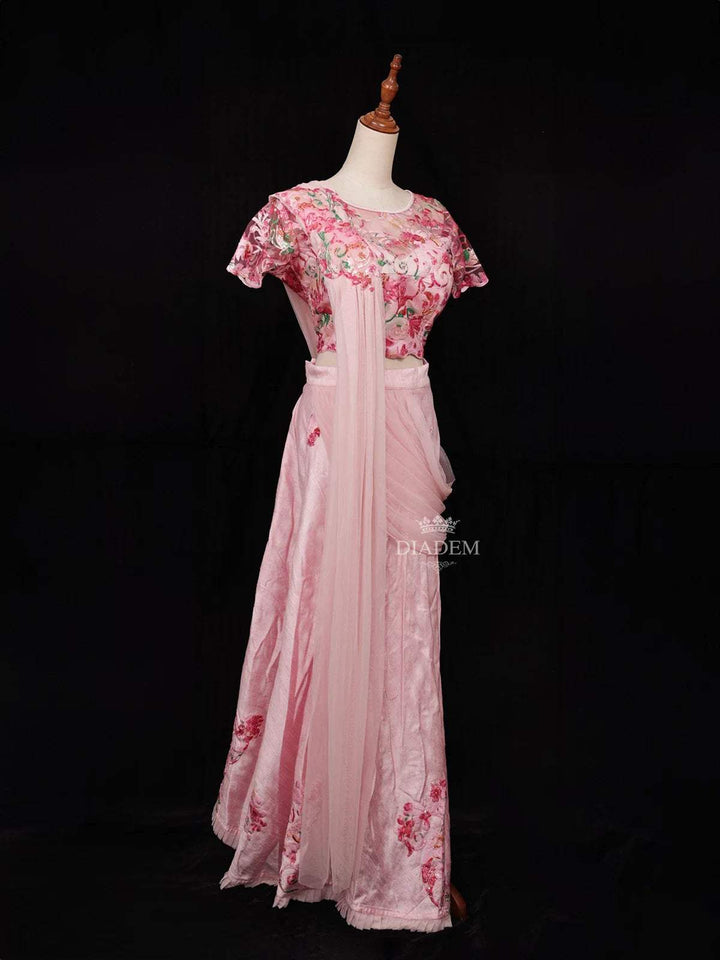 Light Pink Chiffon Ready to Wear Saree with Floral Prints on the Body Paired with Designer Blouse - Diadem