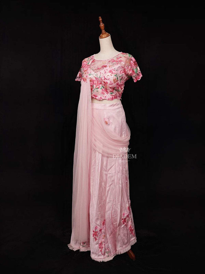 Light Pink Chiffon Ready to Wear Saree with Floral Prints on the Body Paired with Designer Blouse - Diadem