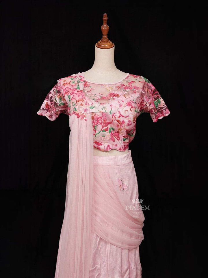 Light Pink Chiffon Ready to Wear Saree with Floral Prints on the Body Paired with Designer Blouse - Diadem