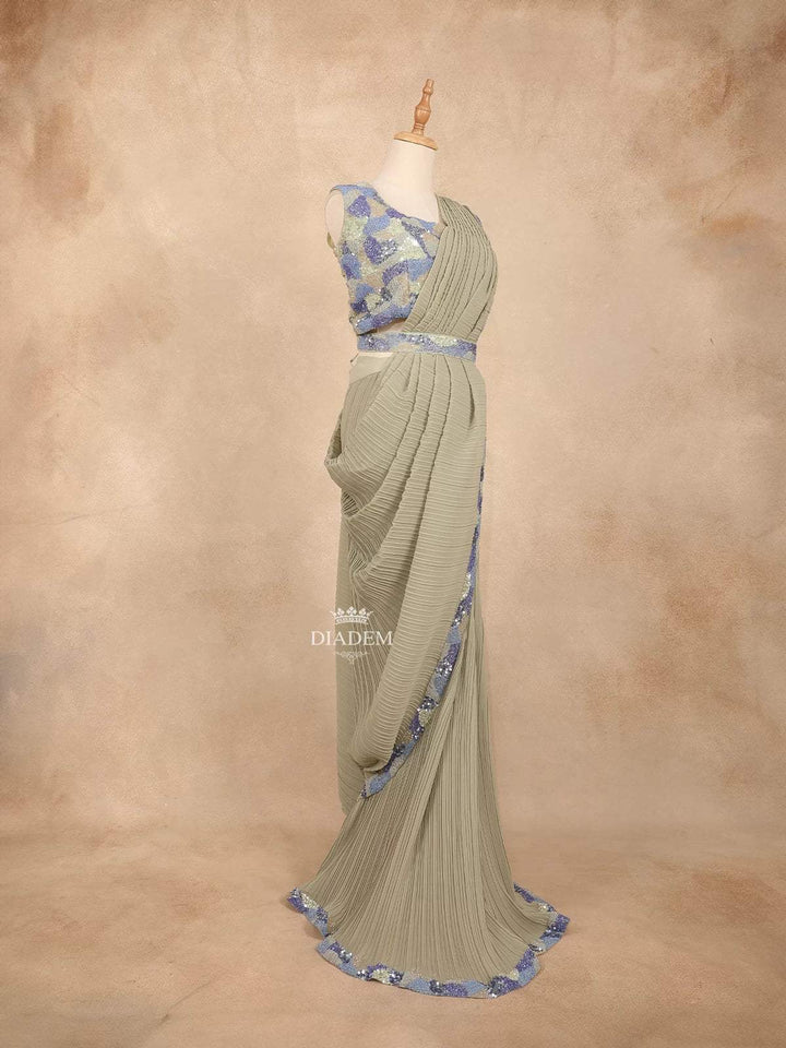 Pista Green Chiffon Ready to Wear Saree with Plain Body Paired with Designer Blouse and Waist Belt - Diadem