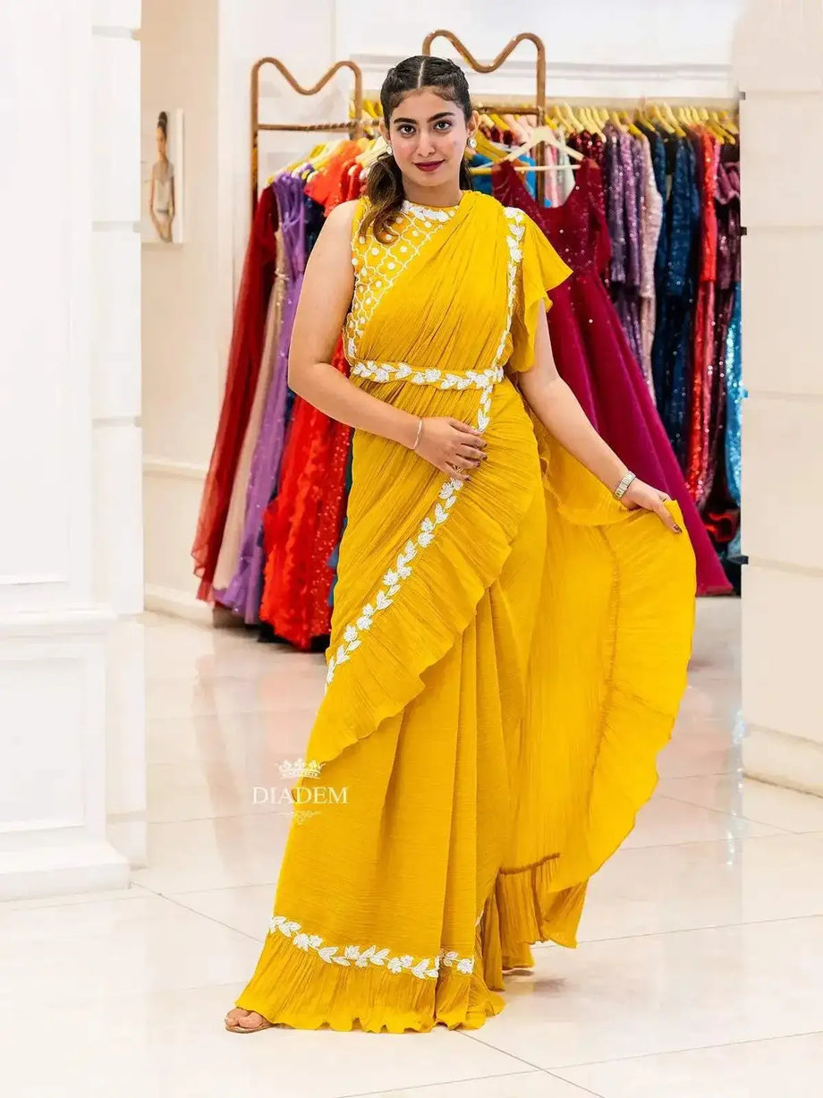 Stunning Yellow Georgette Ruffle Saree with Embroidered Blouse and Waist Belt