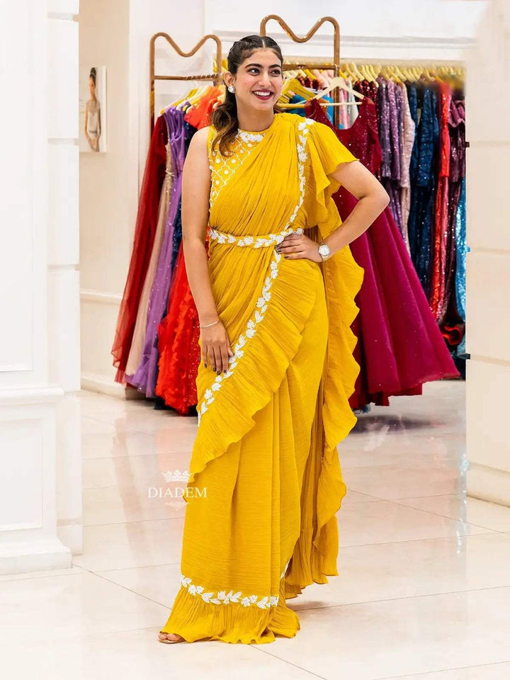 Yellow Georgette Ruffle Saree with Beads Embroidered Blouse and Waist Belt - Diadem