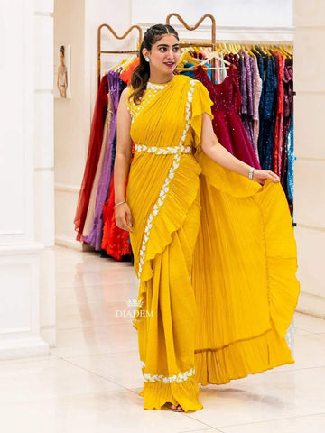 Yellow Georgette Ruffle Saree with Beads Embroidered Blouse and Waist Belt - Diadem